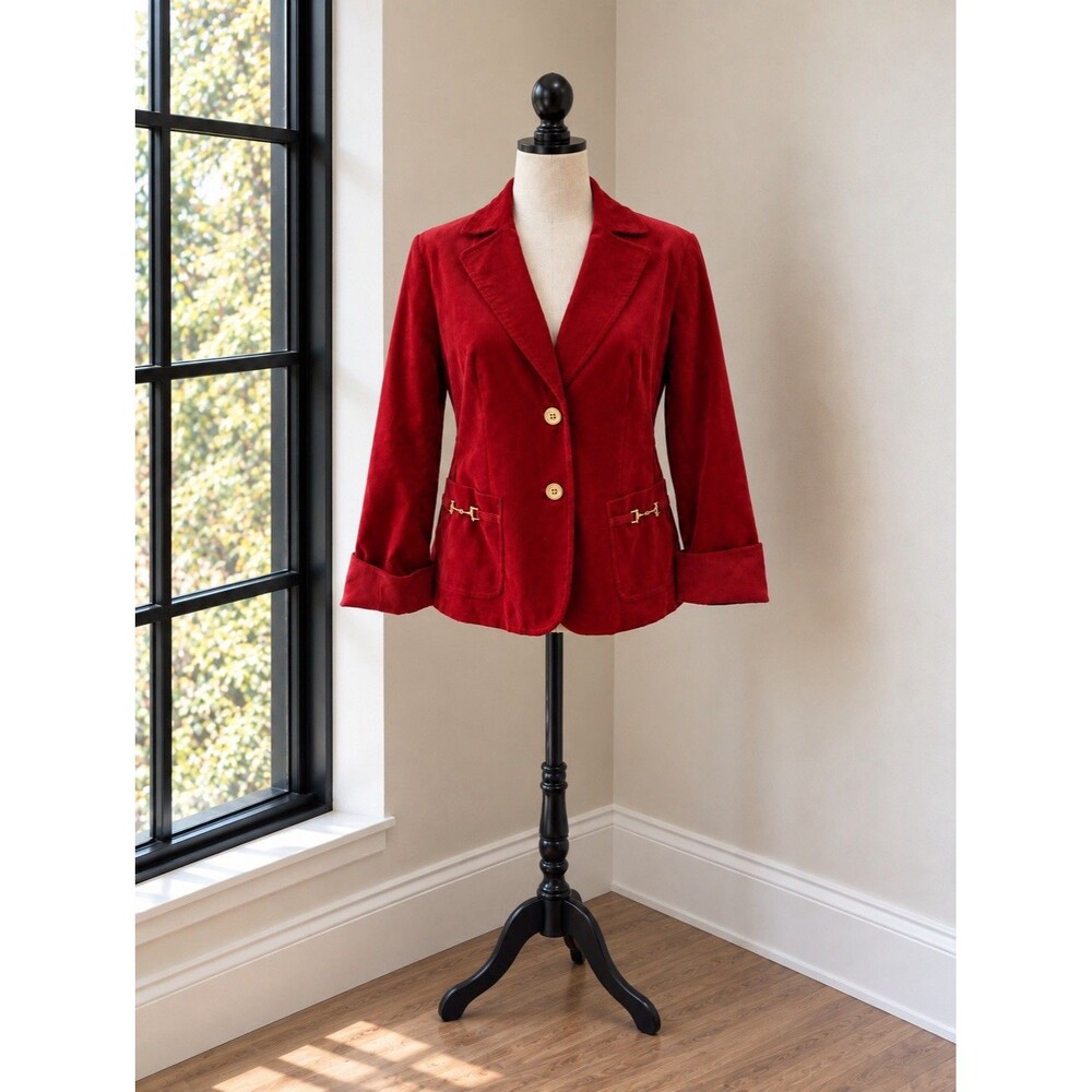 Talbots Women’s Blazer Jacket Red Corduroy Cotton Gold Horsebit Equestrian Sz 8